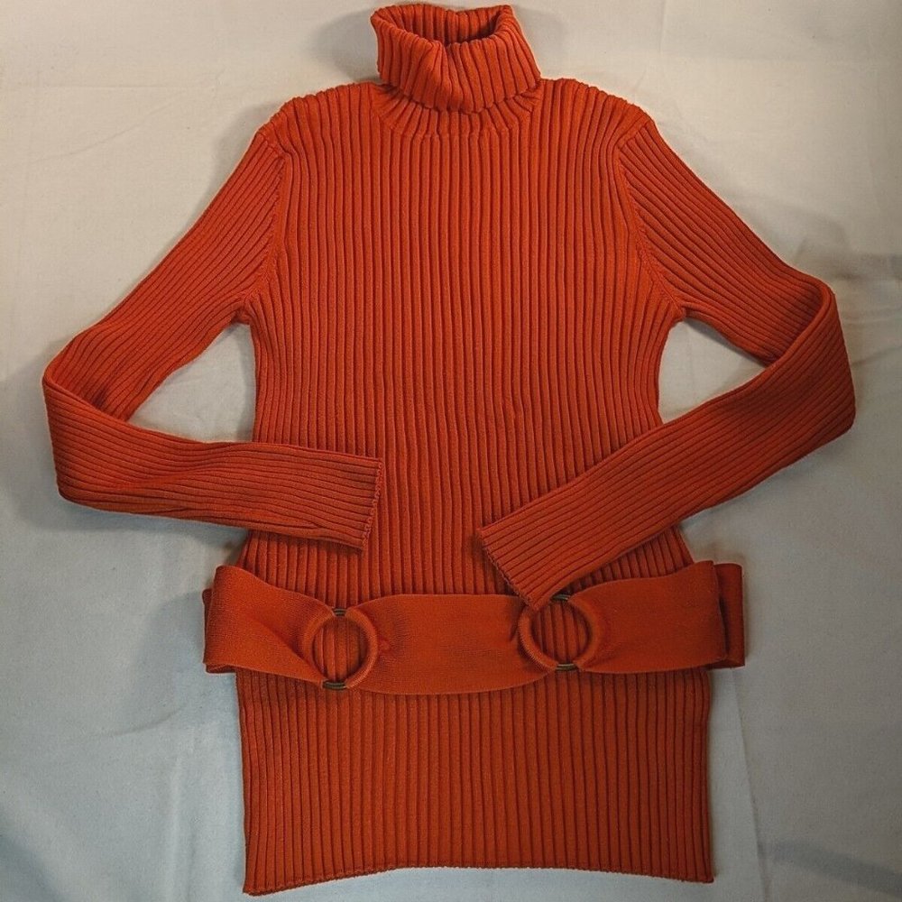 Belldini Orange Belted Ribbed Turtleneck Sweater Long Sleeve Women XL Belt